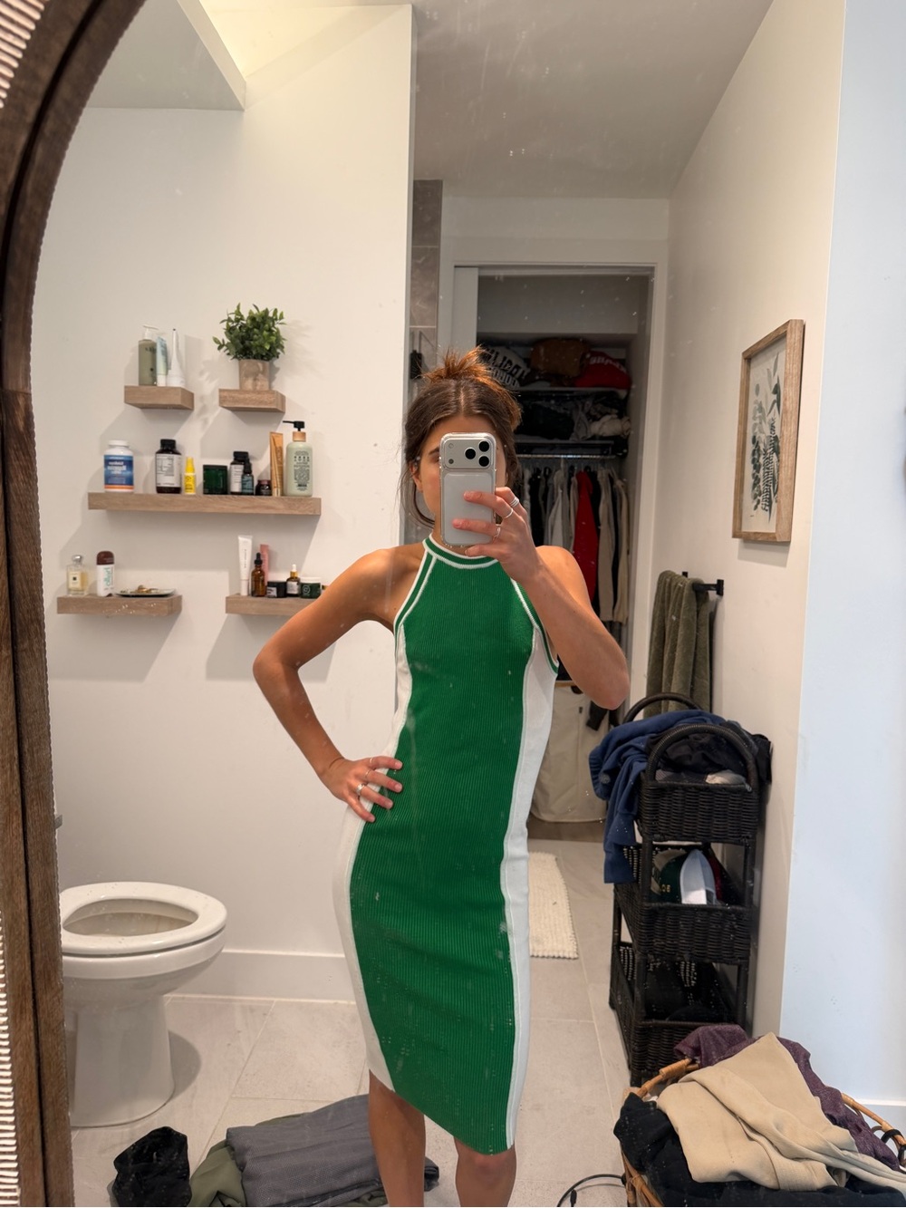 Anthropologie Green and White Ribbed Midi Dress